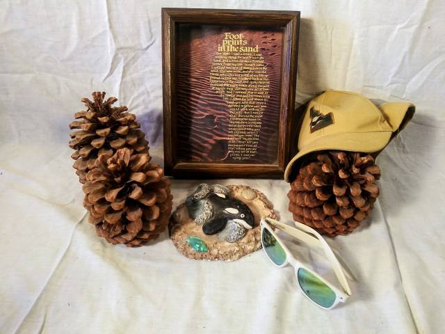 Jesus footprints pine cones glasses ceramic